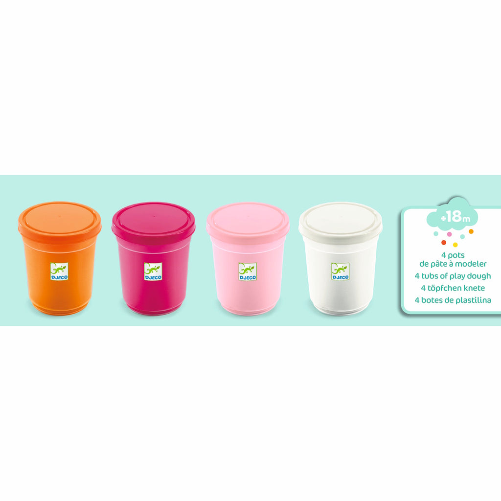 Four 140g tubs of ultra-soft, non-sticky, and non-crumbling play dough in sweet pastel colors: orange, pale pink, purple, and white.