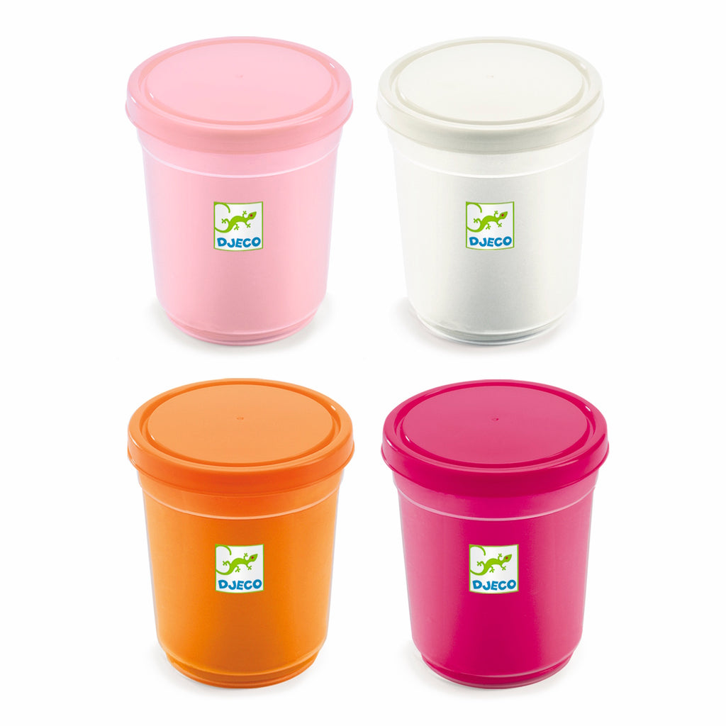 Four 140g tubs of ultra-soft, non-sticky, and non-crumbling play dough in sweet pastel colors: orange, pale pink, purple, and white.