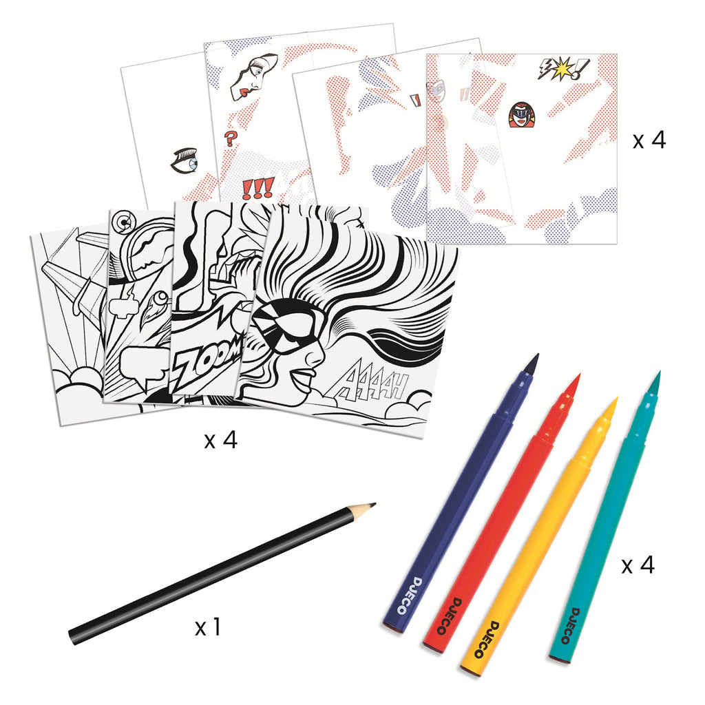 A vibrant illustration inspired by Roy Lichtenstein, featuring a comic-style woman exclaiming "AAAHH" with colorful art supplies around.
