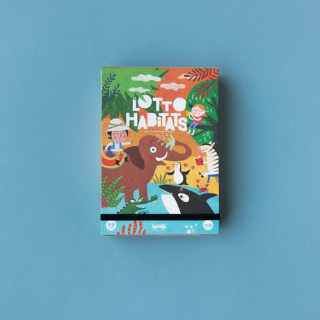 Londji Lotto Habitats board game box with colourful illustrations of animals and explorers in different environments.