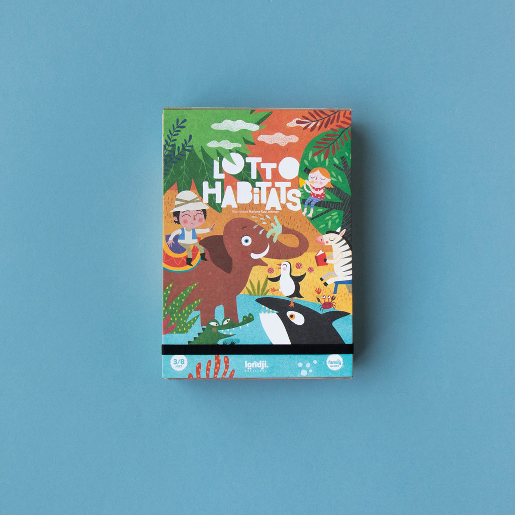 Londji Lotto Habitats board game box with colourful illustrations of animals and explorers in different environments.