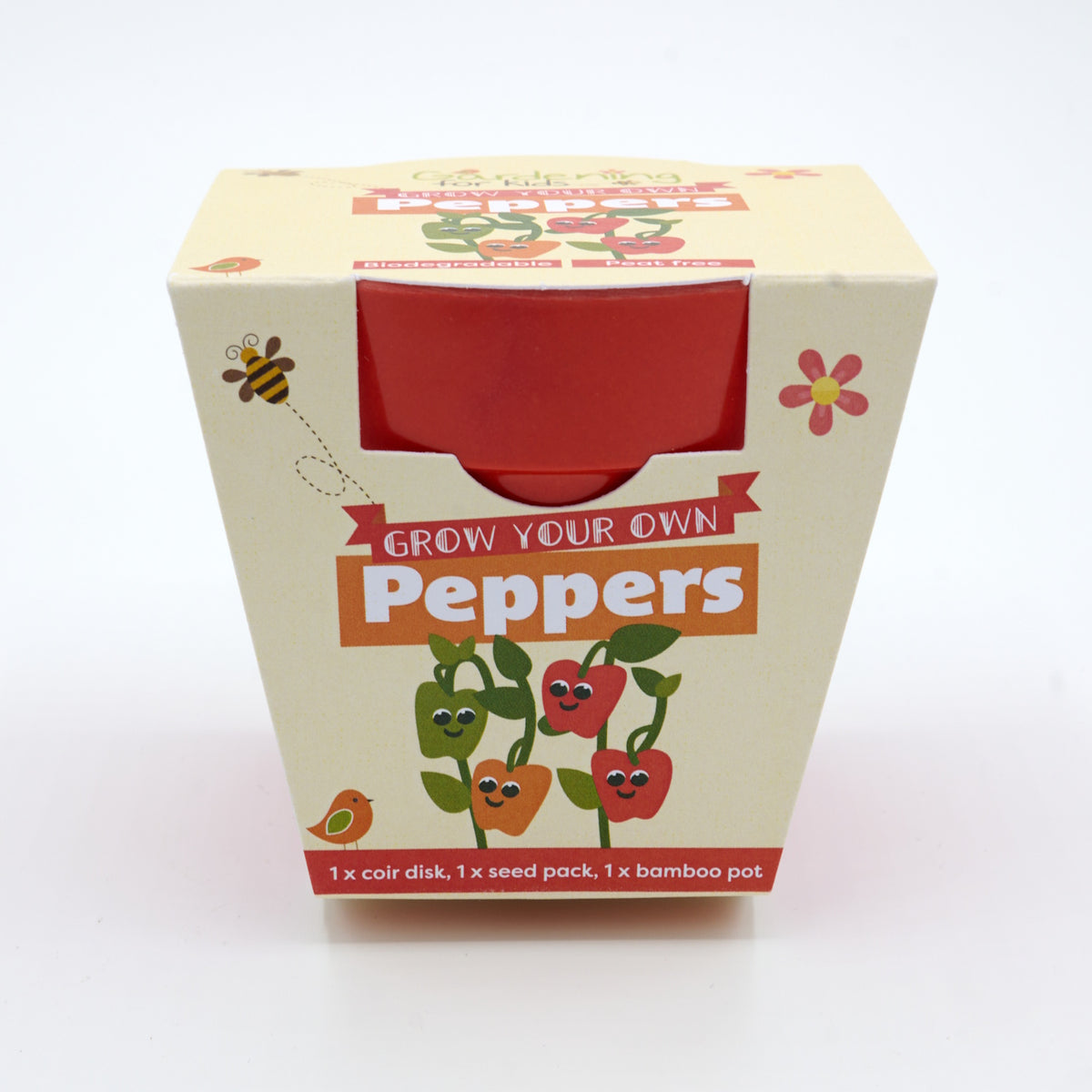 Red bamboo pot housed in cardboard packaging for a children's "Grow Your Own Peppers" kit.