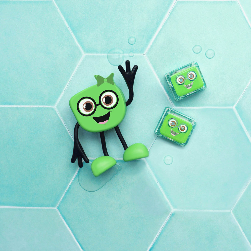 Glo Pals Pippa character and light-up cubes on a blue hexagonal tiled surface with water droplets.
