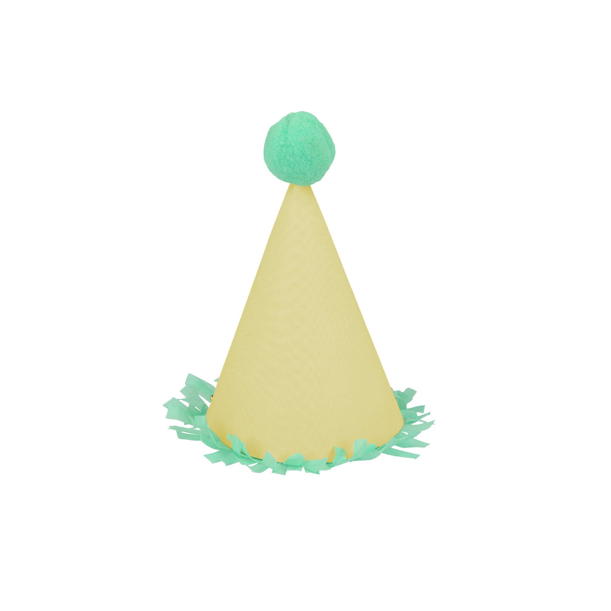 Light yellow mini party hat with mint green pom-pom and fringe trim on white background. Ideal for party decorations.
