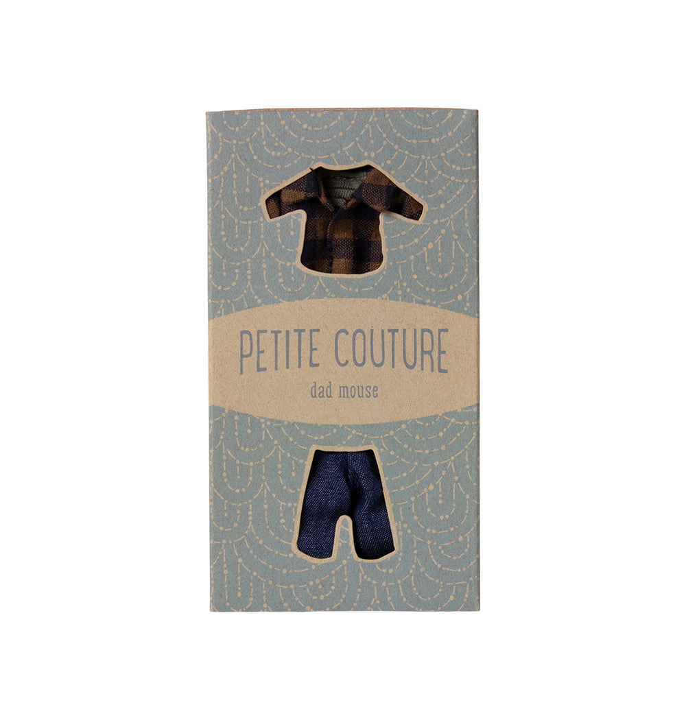 Maileg Dad Mouse Petite Couture set featuring brown checked shirt and denim pants – UK exclusive.