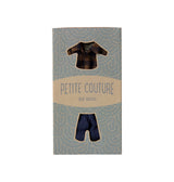 Maileg Dad Mouse Petite Couture set featuring brown checked shirt and denim pants – UK exclusive.