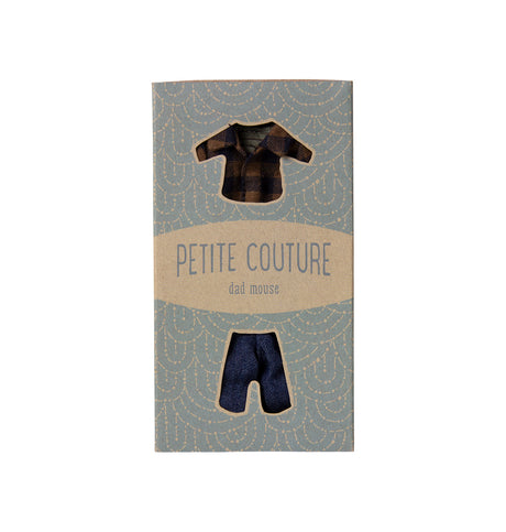 Maileg Dad Mouse Petite Couture set featuring brown checked shirt and denim pants – UK exclusive.