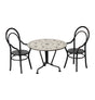Maileg miniature dining table set with a floral-patterned metal table and two black metal chairs
