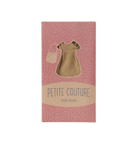 Maileg Mum Mouse Petite Couture outfit with check dress and cheese bag, charming UK doll fashion