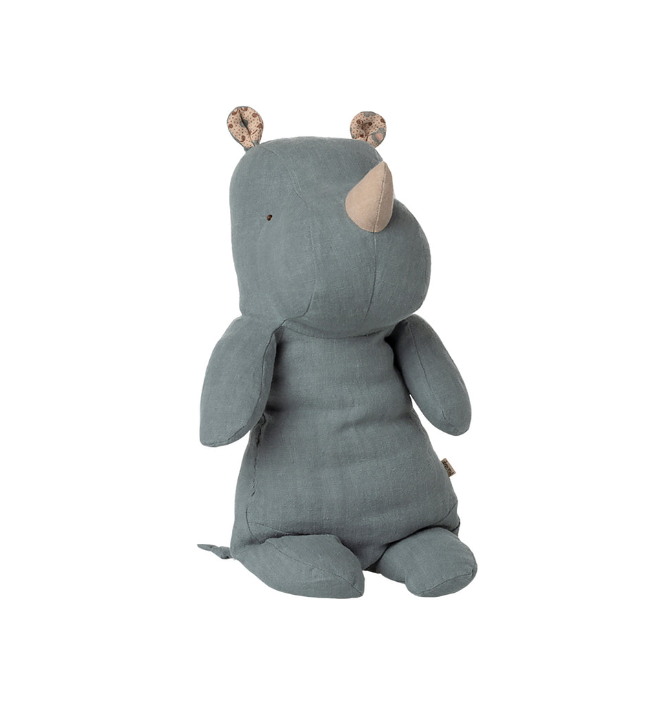Maileg Safari Friends medium-sized rhino in dusty blue linen, sitting with floral inner ears