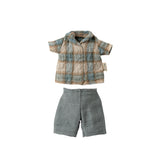 Maileg blue and beige checkered shirt and light blue shorts displayed flat, designed for rabbit size 1.