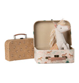 Maileg unicorn suitcase set with soft unicorn toy inside, a whimsical storage solution in the UK.
