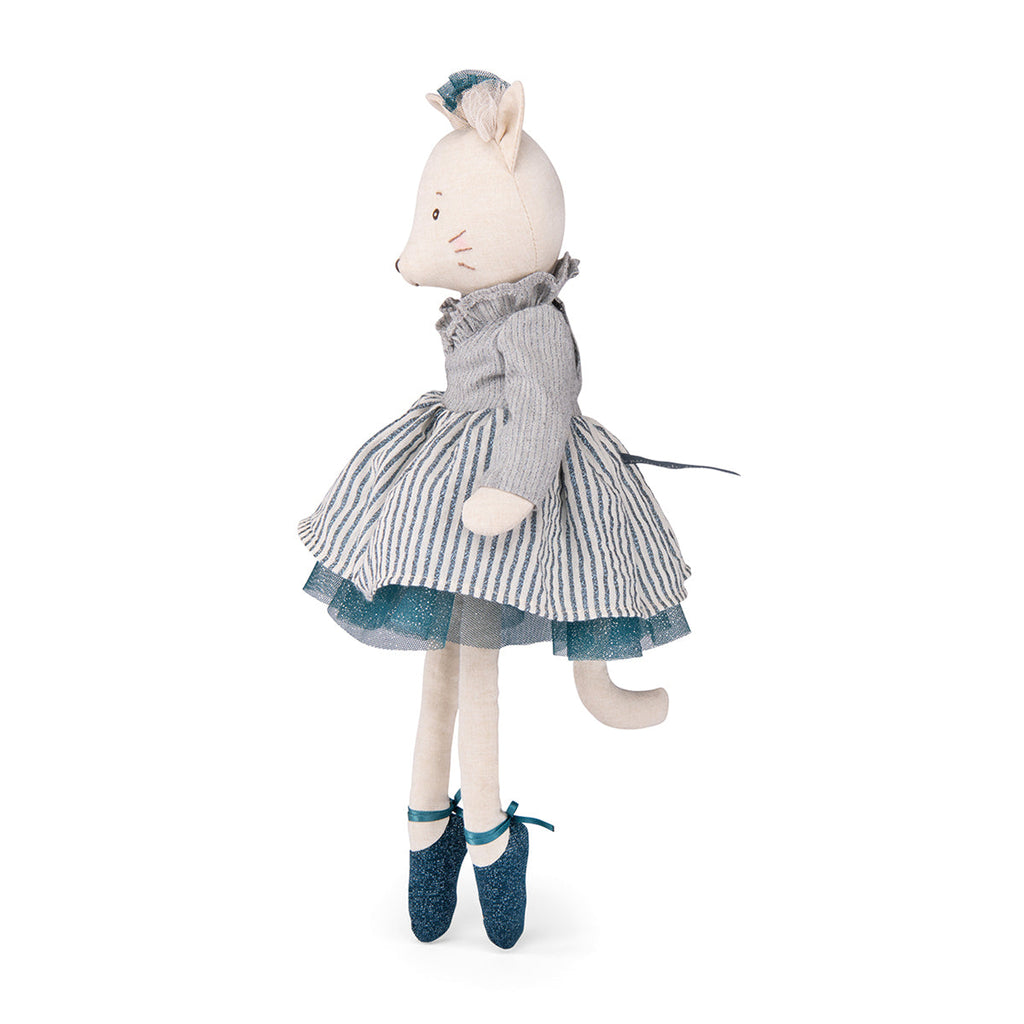 moulin roty-soft mouse ballerina celstine, shown from a side view in beautiful ballet clothes on pointe