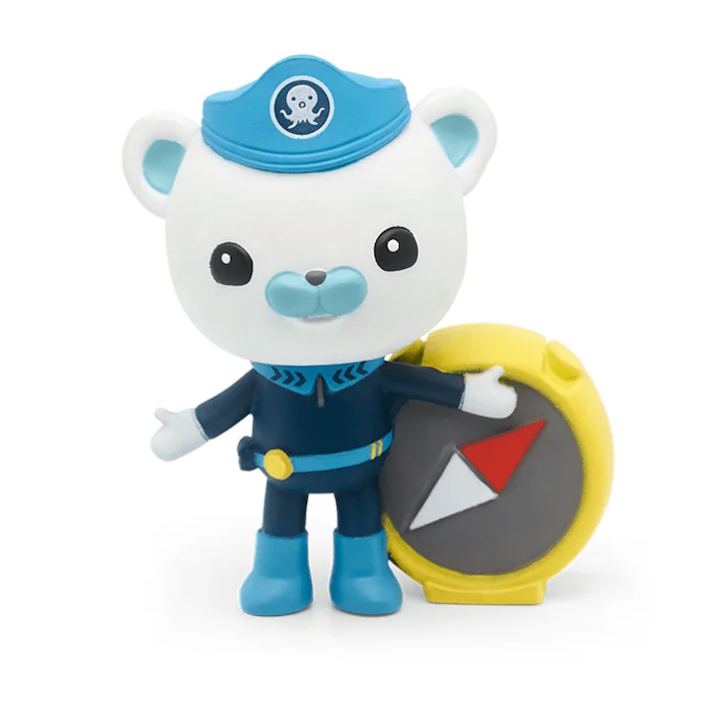 Cute polar bear cartoon character in a blue sailor outfit stands with a welcoming gesture next to a large yellow compass, conveying a sense of adventure.