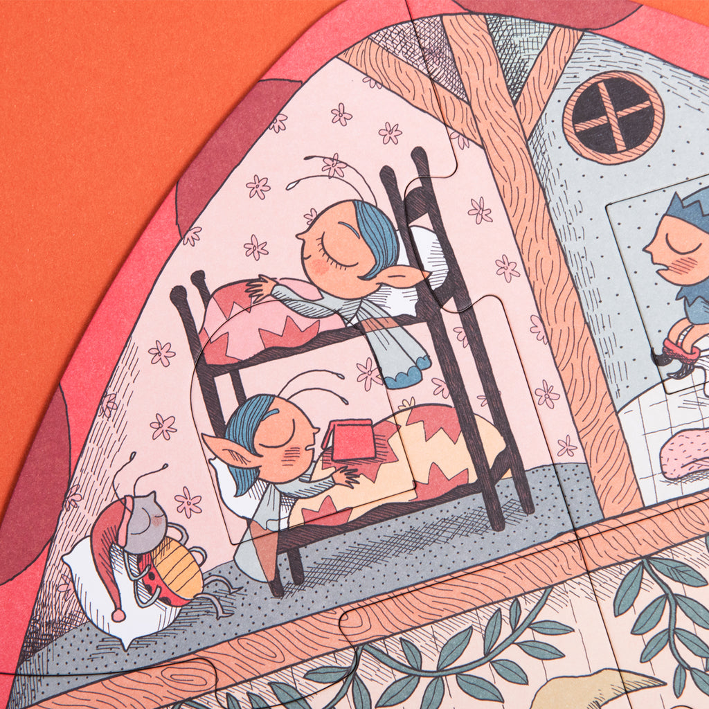 A peaceful bedtime scene featuring elves sleeping in bunk beds under a starry sky.
