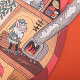 A bearded gnome snoozes on a chair while a fairy carrying a lantern tiptoes by.
