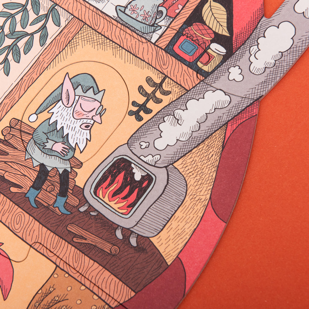 A bearded gnome snoozes on a chair while a fairy carrying a lantern tiptoes by.
