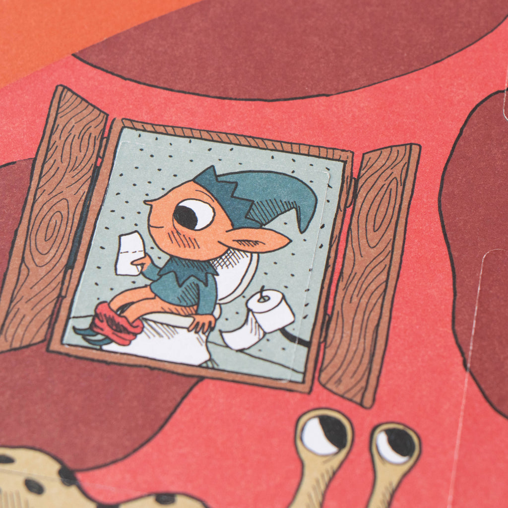 A humorous close-up of an elf sitting on a toilet, hidden within the Londji puzzle design.