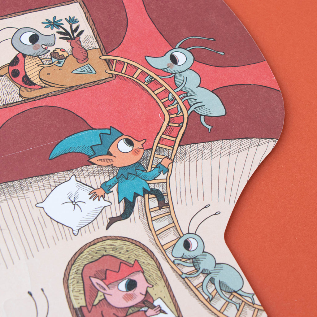 Tiny elf climbing a ladder to bed, helped by friendly ants