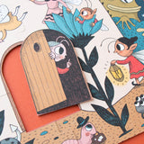 Elf peeking out from behind a wooden door in the puzzle