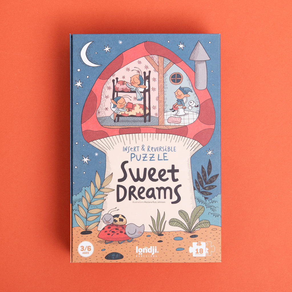 Sweet Dreams puzzle box featuring a whimsical mushroom house and sleeping elves