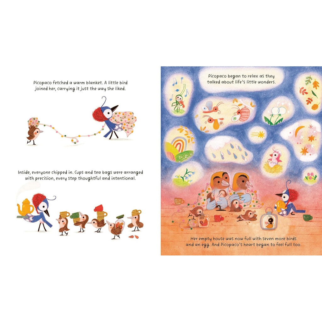 Picopaco hardcover children's book, showing a colorful, whimsical bird character in a playful nature setting—an imaginative story for young readers celebrating uniqueness and self-expression.
