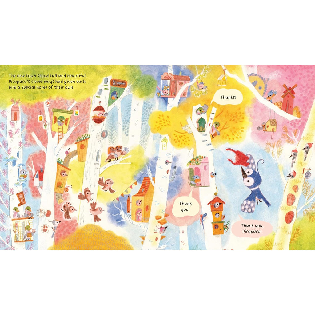 Picopaco hardcover children's book, showing a colorful, whimsical bird character in a playful nature setting—an imaginative story for young readers celebrating uniqueness and self-expression.