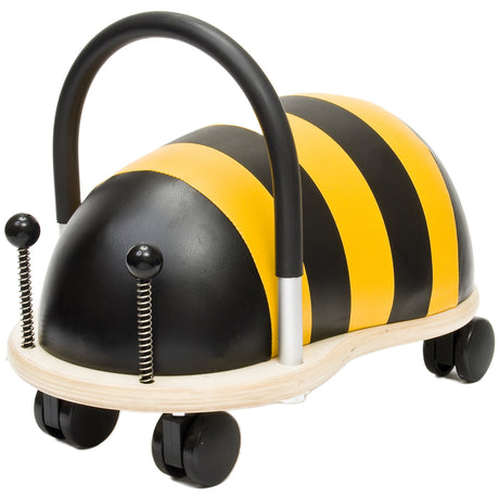 Plush bee ride on toy with wheels and black handle for toddlers.