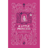 Pink book cover for "A Little Princess" by Frances Hodgson Burnett. Features a girl at an open window, surrounded by ornate silver swirls and a dove.