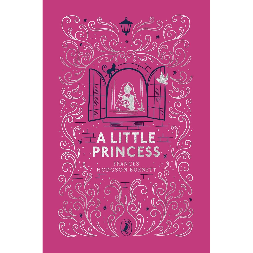 Pink book cover for "A Little Princess" by Frances Hodgson Burnett. Features a girl at an open window, surrounded by ornate silver swirls and a dove.