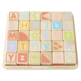Set of wooden ABC learning blocks with letters, numbers, and illustrations arranged in a tray.