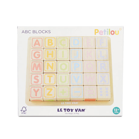 Packaging box for Le Toy Van Petilou ABC blocks set in a wooden storage tray.