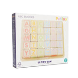 Product packaging box for Petilou Le Toy Van wooden ABC blocks in a tray.