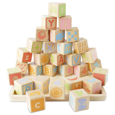 Stacked colorful wooden ABC learning blocks on a matching tray displaying letters, numbers, and pictures.
