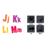 Alphabet chart showing J, K, L, and M with scanimation illustrations of a jellyfish, kangaroo, lion, and mouse.