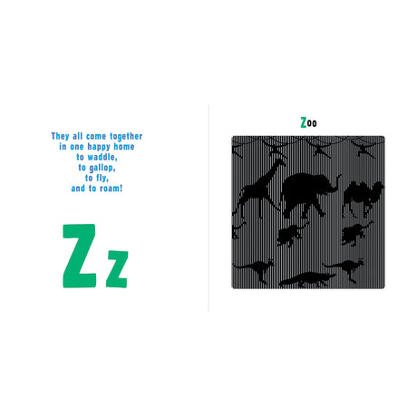 Alphabet book page for letter Z showing zoo animal silhouettes behind vertical lines with rhyming text.