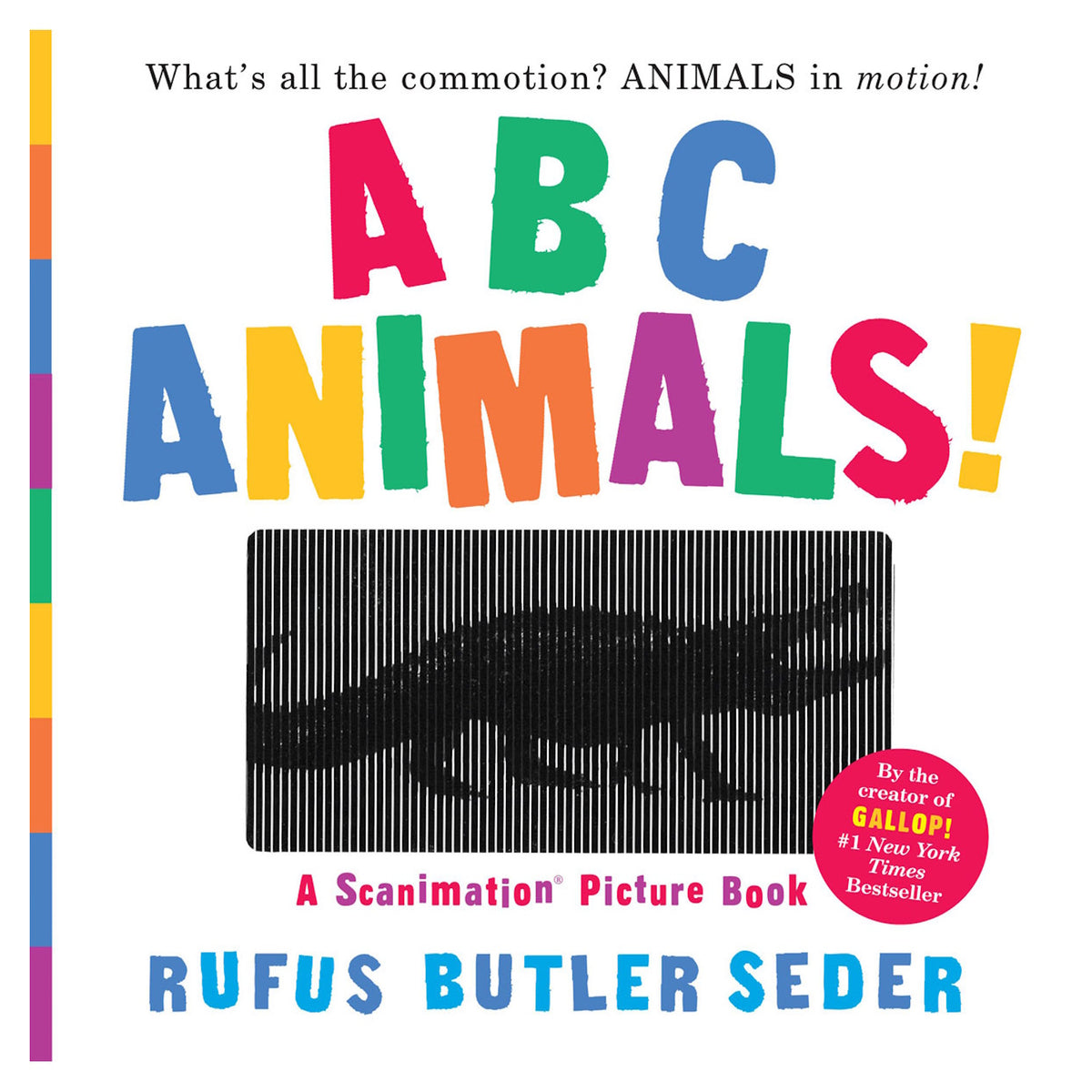 ABC Animals Scanimation book cover by Rufus Butler Seder, featuring a black alligator silhouette and colorful block letters.