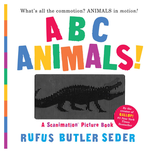ABC Animals Scanimation book cover by Rufus Butler Seder, featuring a black alligator silhouette and colorful block letters.