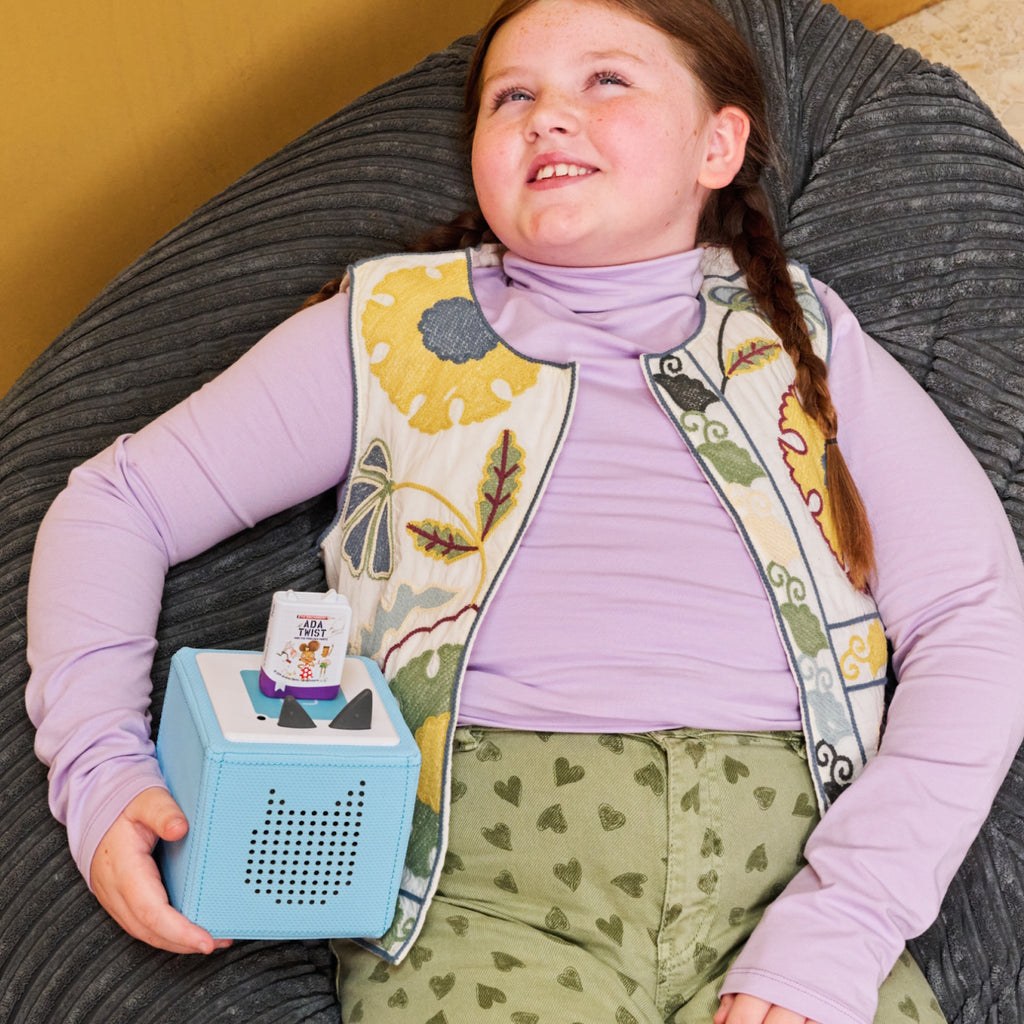 A child’s audiobook titled "Ada Twist and the Perilous Pants", featuring colorful illustrations of the main character and friends.