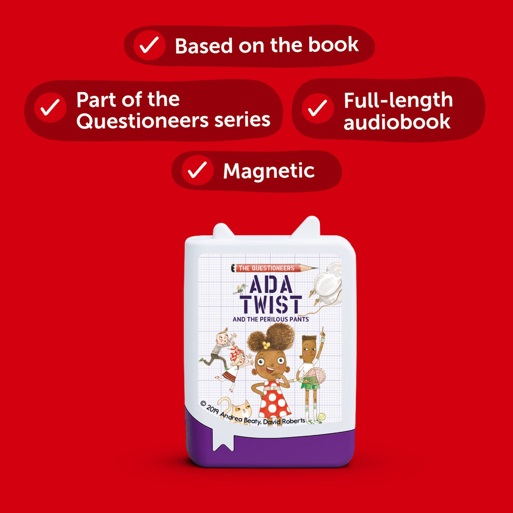 A child’s audiobook titled "Ada Twist and the Perilous Pants", featuring colorful illustrations of the main character and friends.