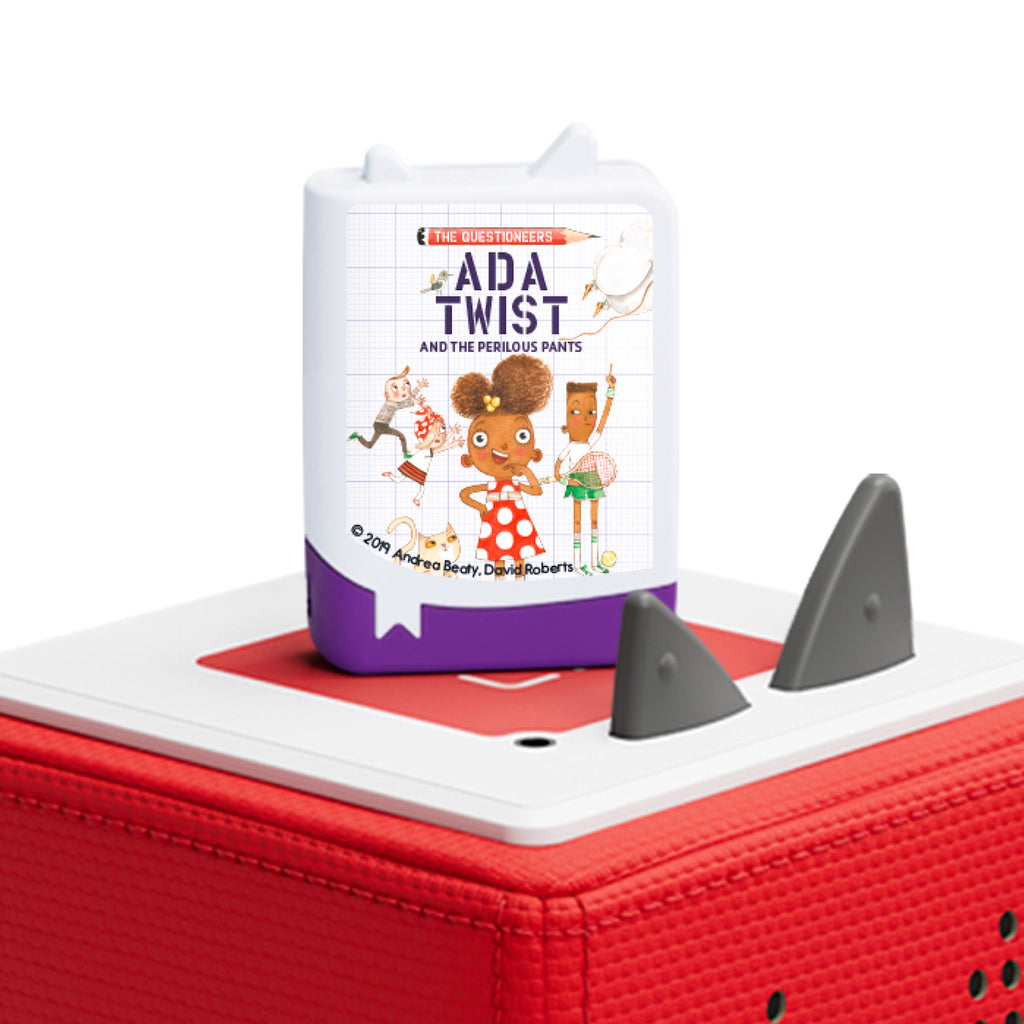 A child’s audiobook titled "Ada Twist and the Perilous Pants", featuring colorful illustrations of the main character and friends.