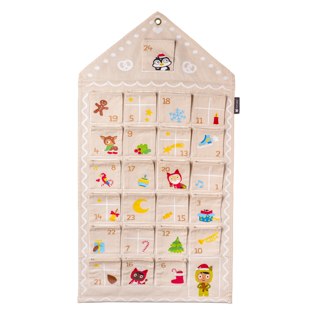 A festive fabric advent calendar with numbered pockets, featuring cheerful holiday-themed illustrations and a house-shaped design.