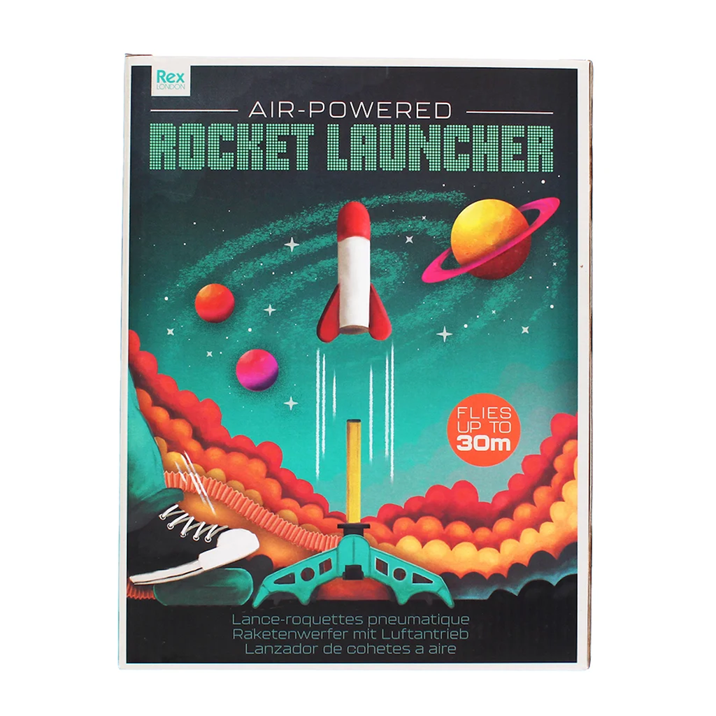 Air-powered rocket launcher packaging features a red and white rocket blasting off into space with colorful planets. Text states it flies up to 30 meters.