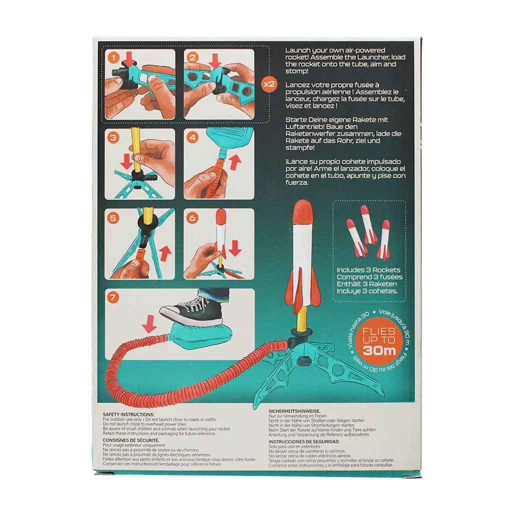 Packaging image showing step-by-step assembly for an air-powered toy rocket in seven steps. Includes a pump, launch pad, and three rockets. The text emphasizes "Flies up to 30m!" and safety instructions are noted at the bottom.