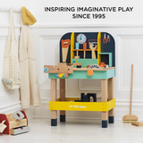 Toy workbench packaging featuring colorful wooden tools. Text reads 'Beautifully Packaged for Gifting' and '100% Recyclable Packaging.'