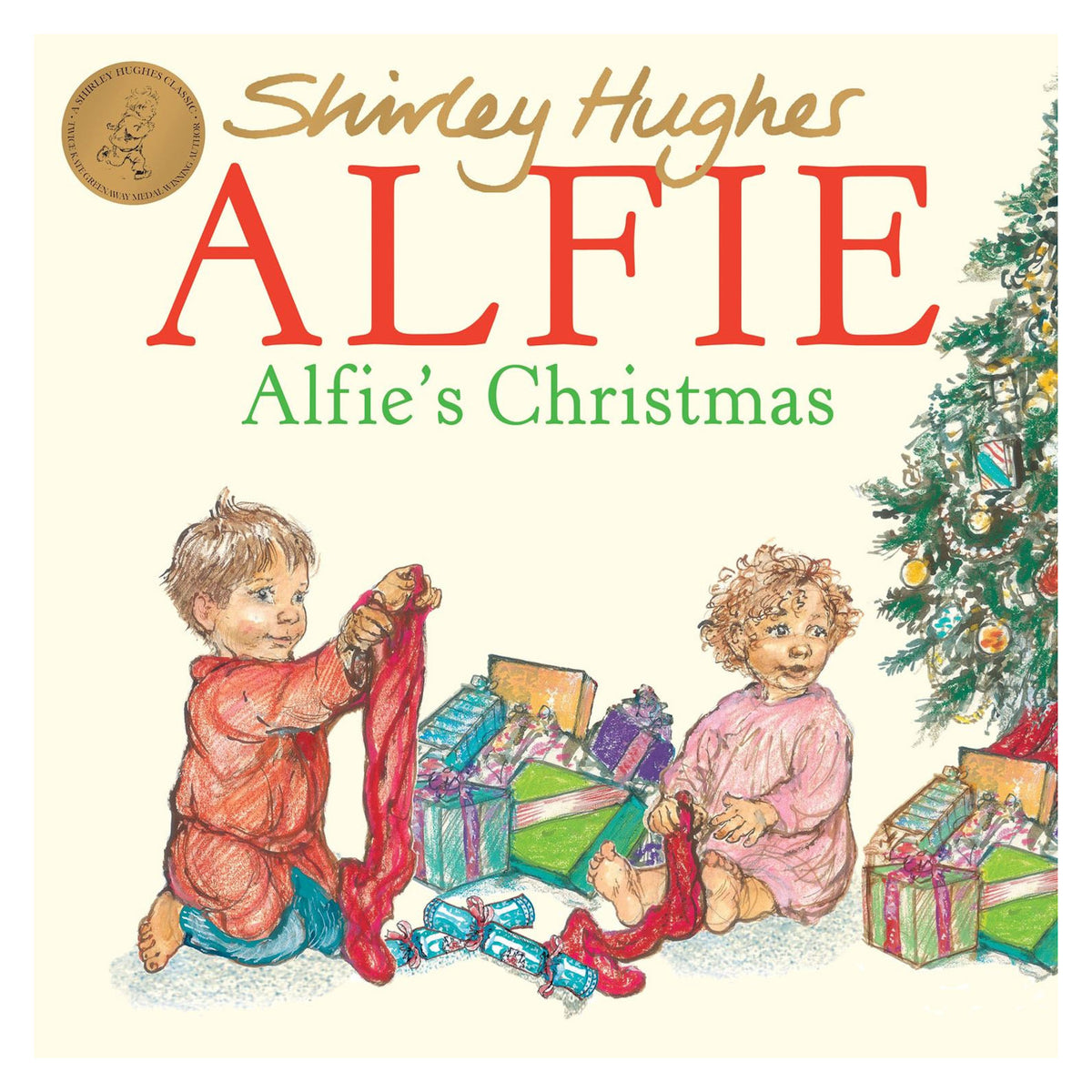 Two children in pajamas are joyfully unwrapping presents by a Christmas tree, with gifts and crackers around them. The scene feels festive and warm.