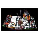 Pop-up book scene with a beastly figure in an orange coat sitting at a table across from a woman. Checkered floor and illustrated book and crown.