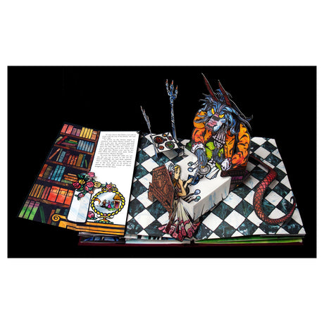 Pop-up book scene with a beastly figure in an orange coat sitting at a table across from a woman. Checkered floor and illustrated book and crown.