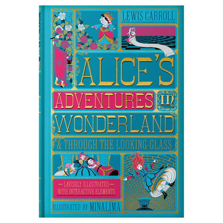 Alice's Adventures in Wonderland MinaLima book cover with colorful illustrations and gold foil typography.