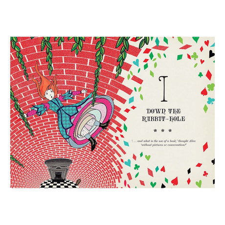 Alice in Wonderland illustration of Alice falling down a brick rabbit hole with playing card suits and book chapter text.